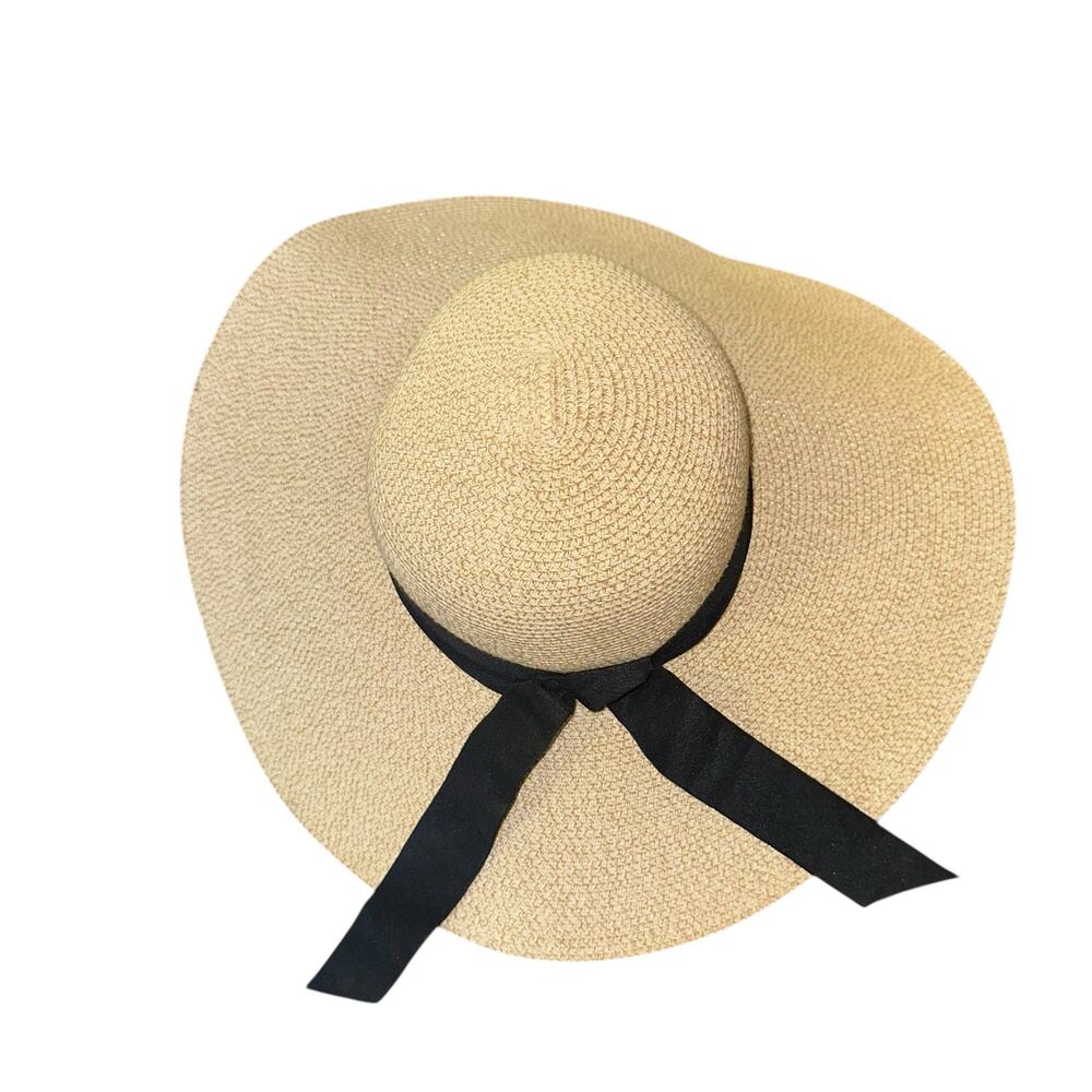 Furtalk Wide Brim Straw Sun Hat Beige Black Ribbon Packable Adjustable Medium